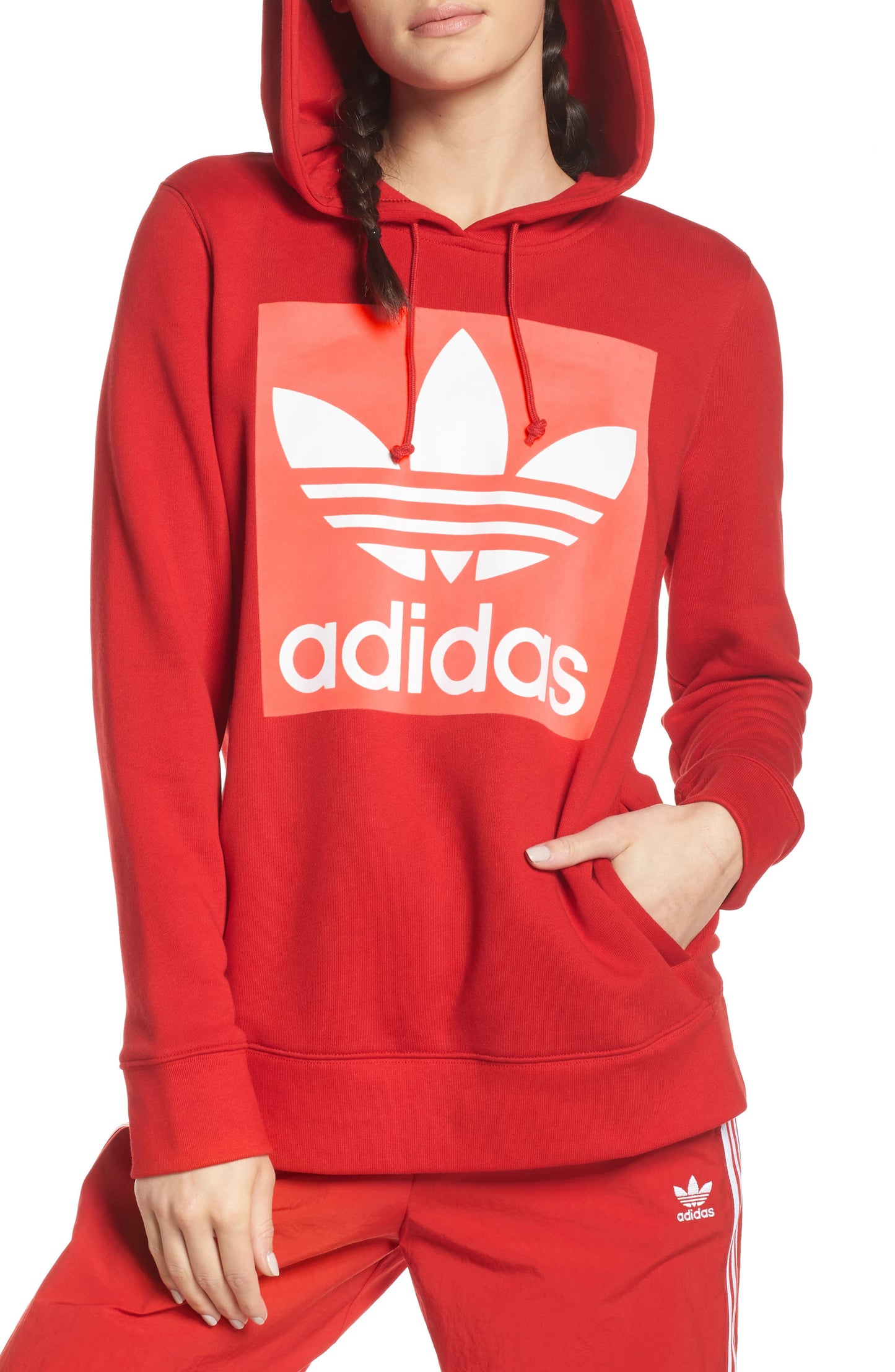Moletom com capuz feminino Adidas Trefoil vermelho tamanho XS