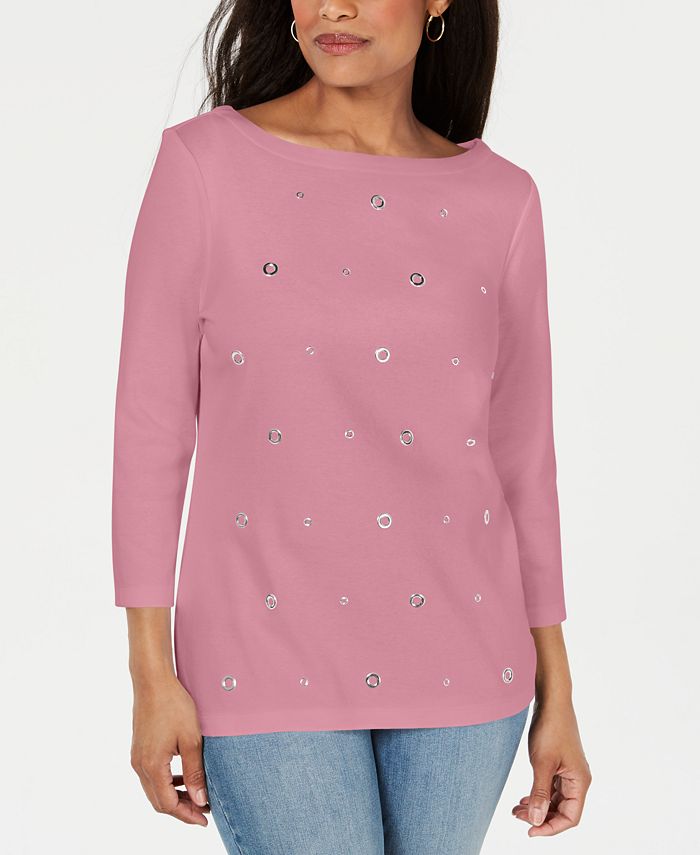 Karen Scott Top feminino de algodão com ilhós e manga 3/4, rosa, tamanho PXS