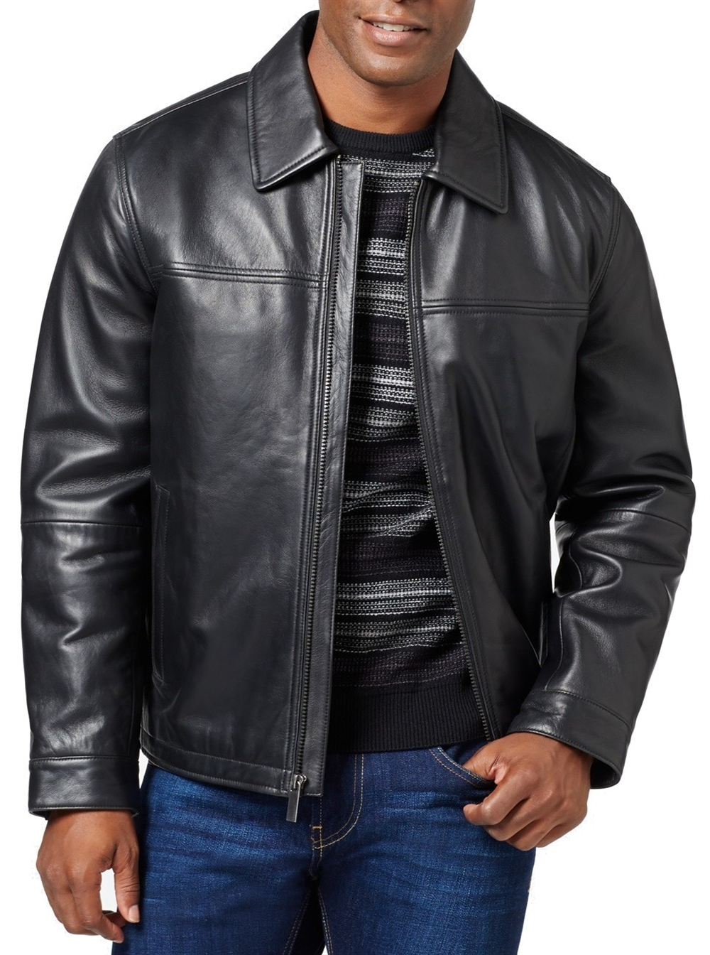 Jaqueta de couro de cordeiro masculina Perry Ellis, preta, tamanho pequeno