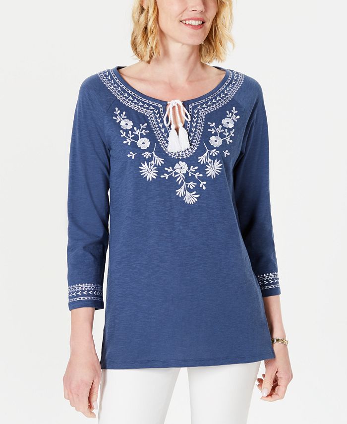 Túnica bordada de algodão Charter Club - Azul índigo envelhecido, tamanho 2XL