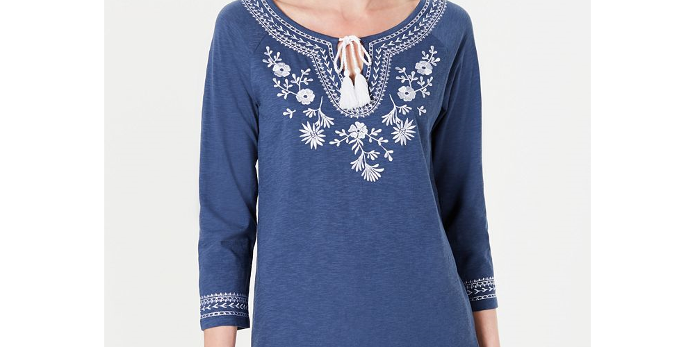 Túnica bordada de algodão Charter Club - Azul índigo envelhecido, tamanho 2XL