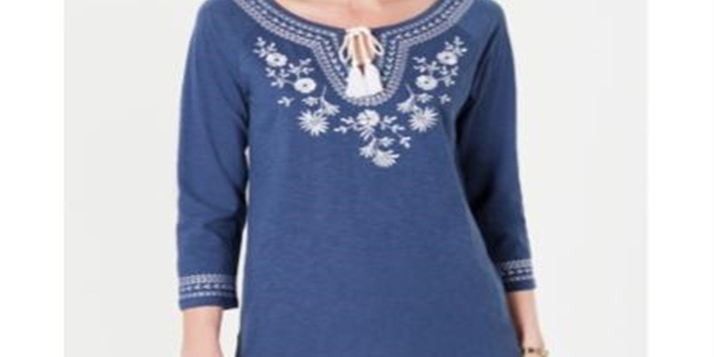 Túnica bordada de algodão Charter Club - Azul índigo envelhecido, tamanho 2XL