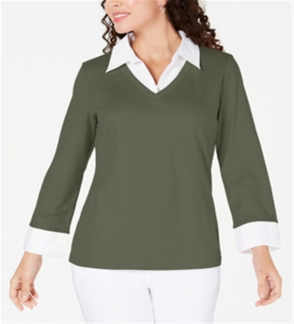 Blusa feminina Karen Scott de algodão com camadas, verde, tamanho M