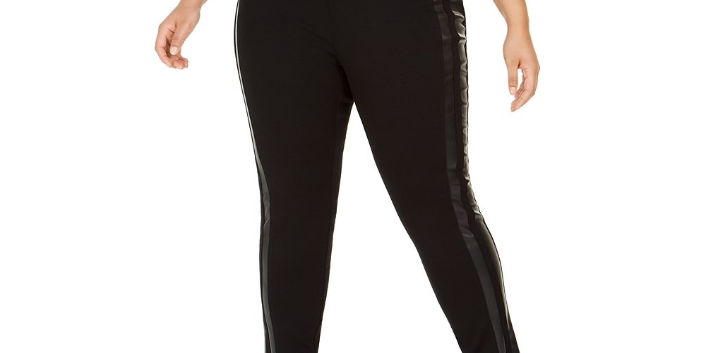 Calça legging feminina plus size com acabamento em couro sintético e acabamento em couro sintético da INC International Concepts, preta, tamanho 18 W