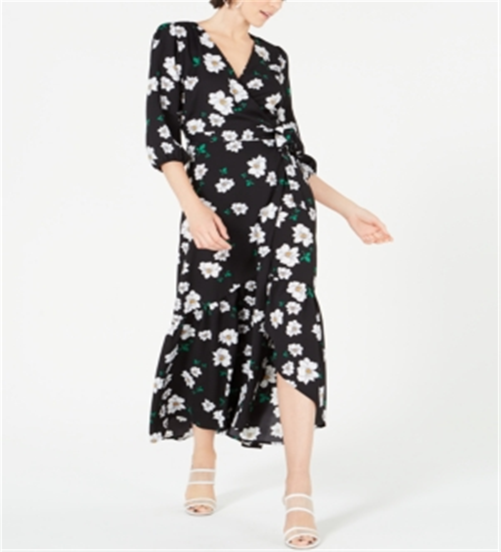 Vestido longo envelope com babados Bar III feminino, preto, tamanho XXS
