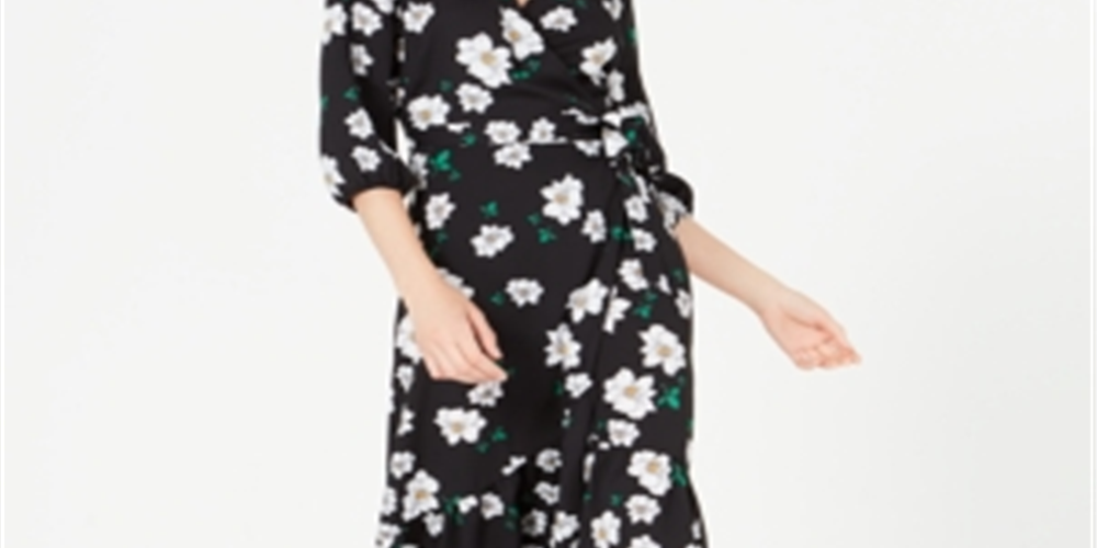 Vestido longo envelope com babados Bar III feminino, preto, tamanho XXS