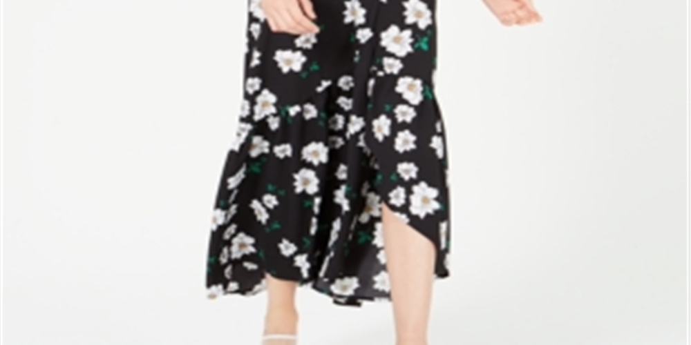 Vestido longo envelope com babados Bar III feminino, preto, tamanho XXS