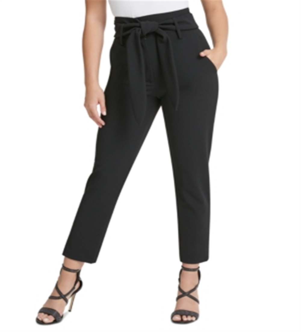Calça feminina DKNY com cinto, zíper e bolsos, preta, tamanho 16
