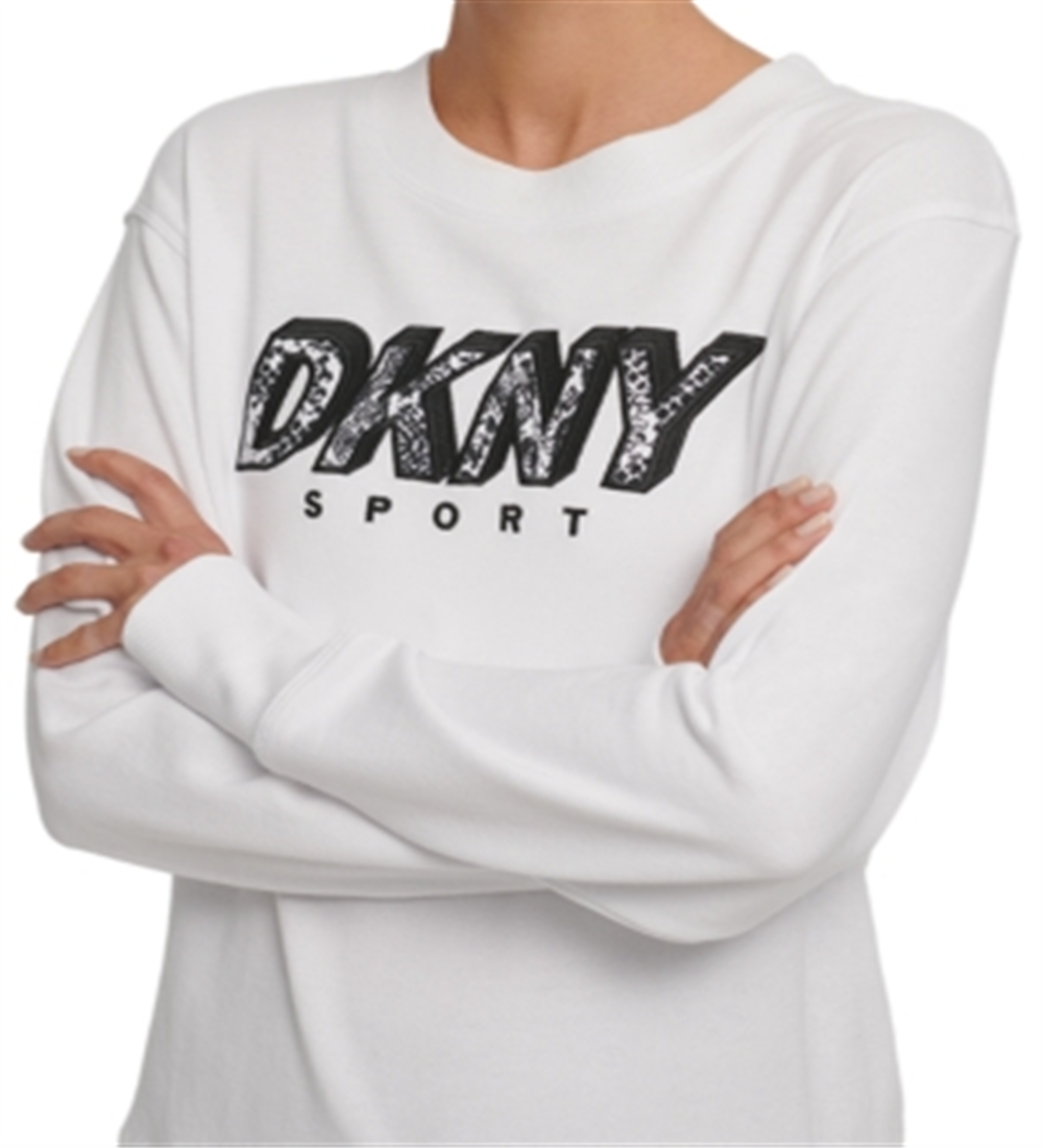 Moletom feminino DKNY Sport com estampa de logotipo e lã, tamanho médio, branco