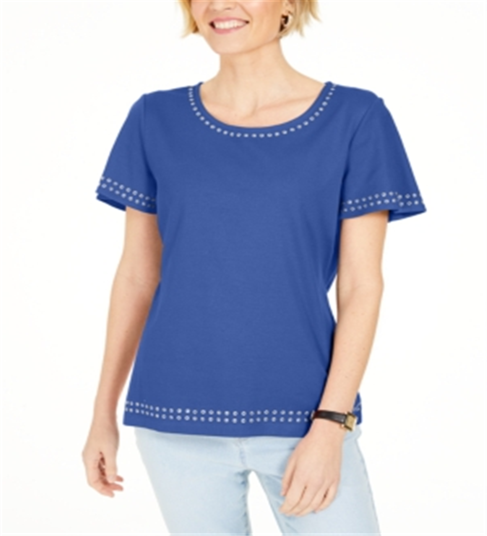 Karen Scott Top de algodão com acabamento em ilhós feminino, azul, tamanho médio
