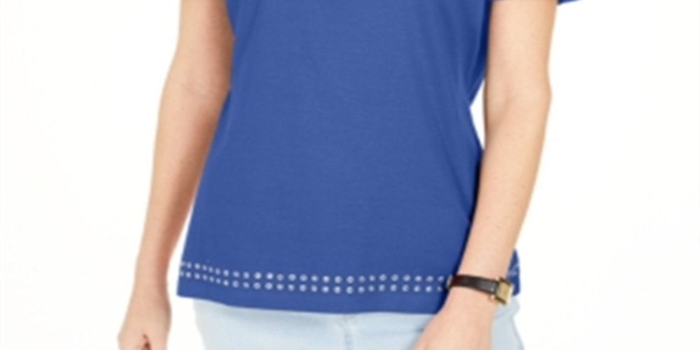 Karen Scott Top de algodão com acabamento em ilhós feminino, azul, tamanho médio