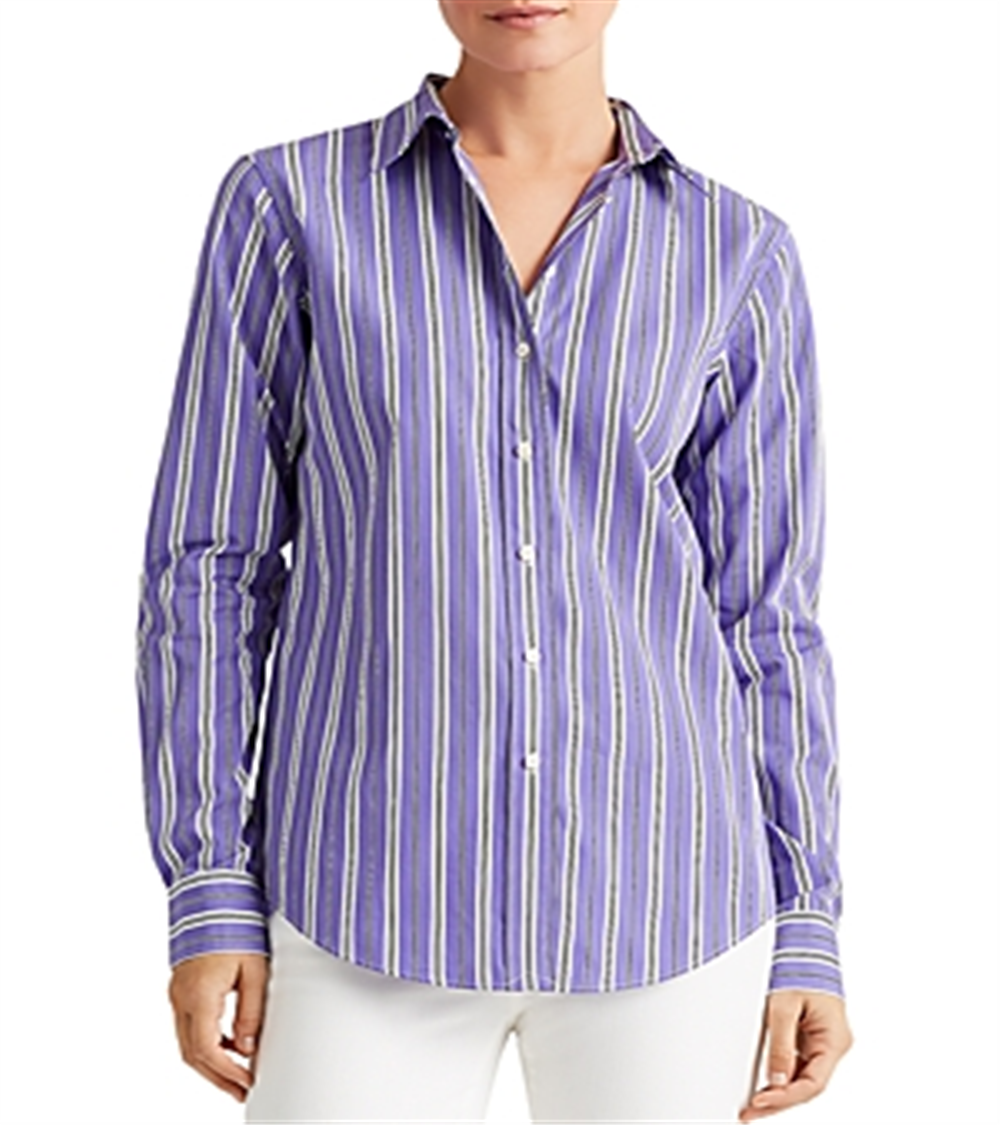 Camisa listrada Ralph Lauren feminina, caimento relaxado, roxa, tamanho G