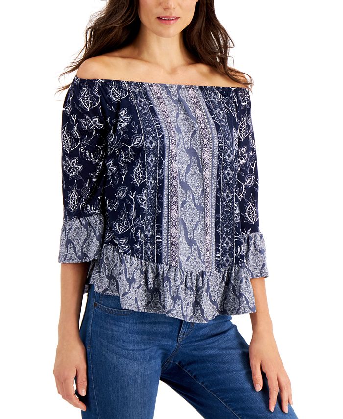 Blusa feminina estampada ombro a ombro estilo &amp; co azul - tamanho pequeno M