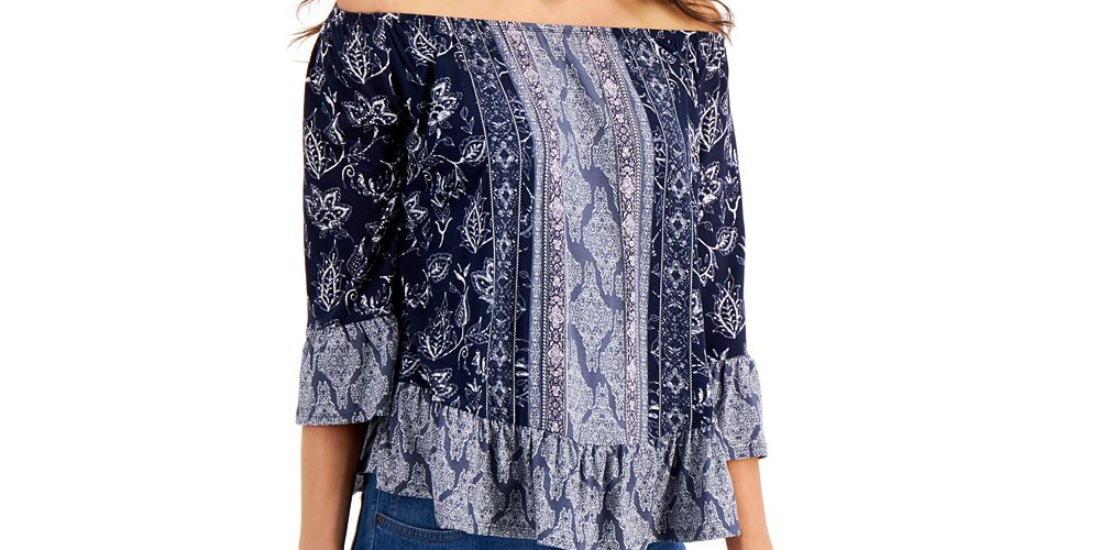 Blusa feminina estampada ombro a ombro estilo &amp; co azul - tamanho pequeno M