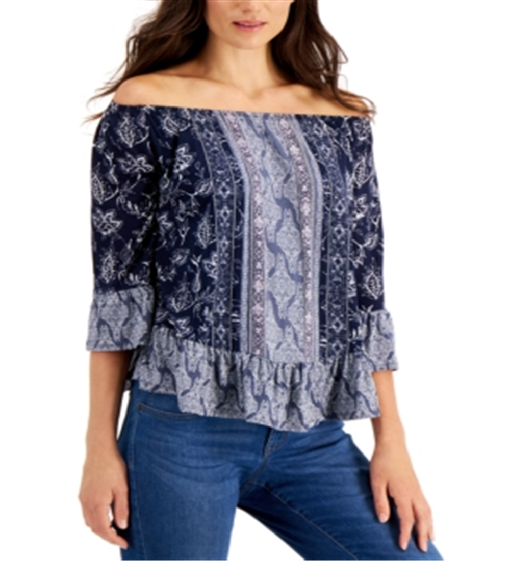 Blusa feminina estampada ombro a ombro estilo &amp; co azul - tamanho pequeno M