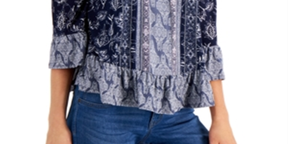 Blusa feminina estampada ombro a ombro estilo &amp; co azul - tamanho pequeno M