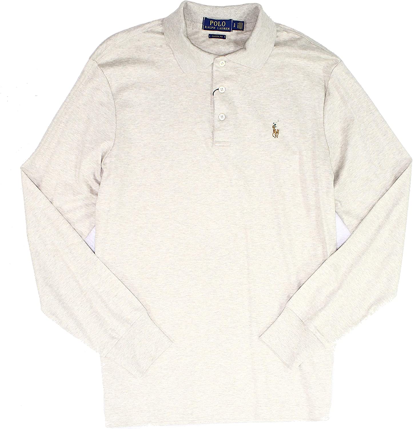 Camisa polo Ralph Lauren masculina bege mesclada com botões e gola alta, tamanho P