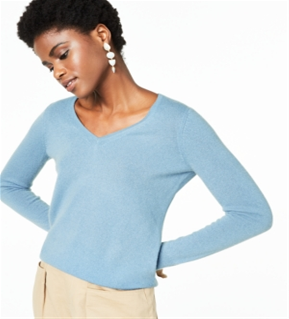Suéter de cashmere feminino com decote em V Charter Club, azul, tamanho pequeno médio