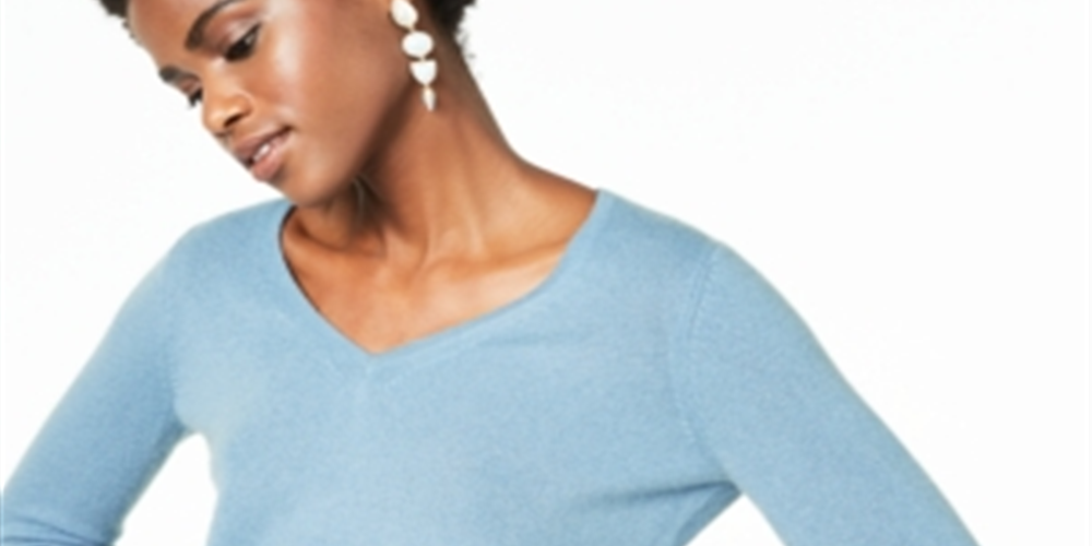 Suéter de cashmere feminino com decote em V Charter Club, azul, tamanho pequeno médio