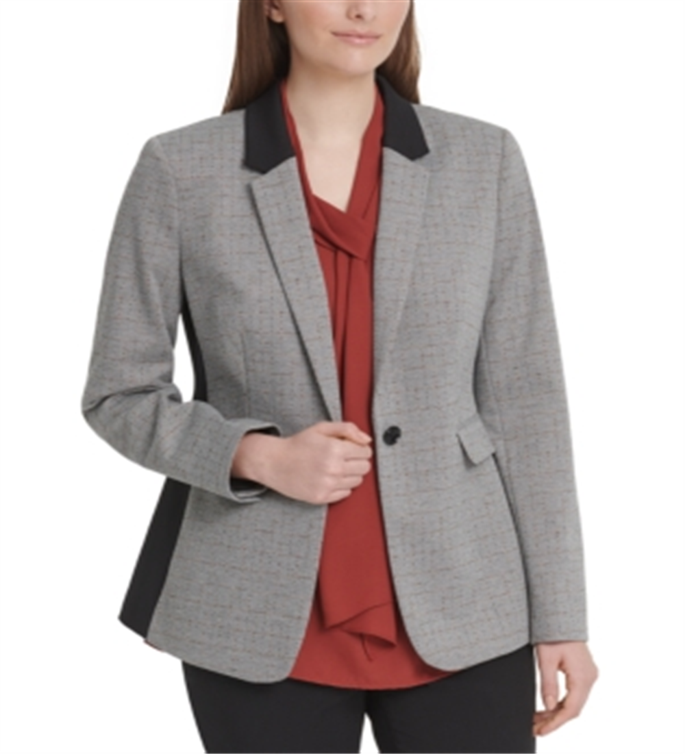 Blazer feminino DKNY com acabamento contrastante e botão único, cinza, tamanho 10P