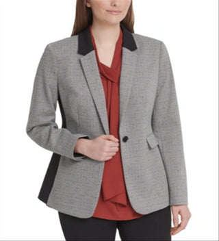 Blazer feminino DKNY com acabamento contrastante e botão único, cinza, tamanho 10P
