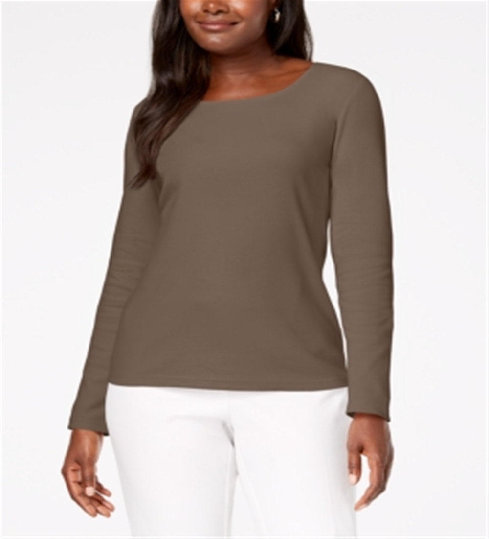 Blusa feminina Karen Scott de algodão com decote redondo, marrom, tamanho pequeno e pequeno