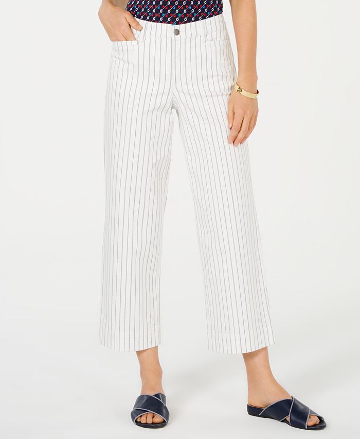 Calça jeans feminina listrada com controle de barriga, perna larga, branca, tamanho 16