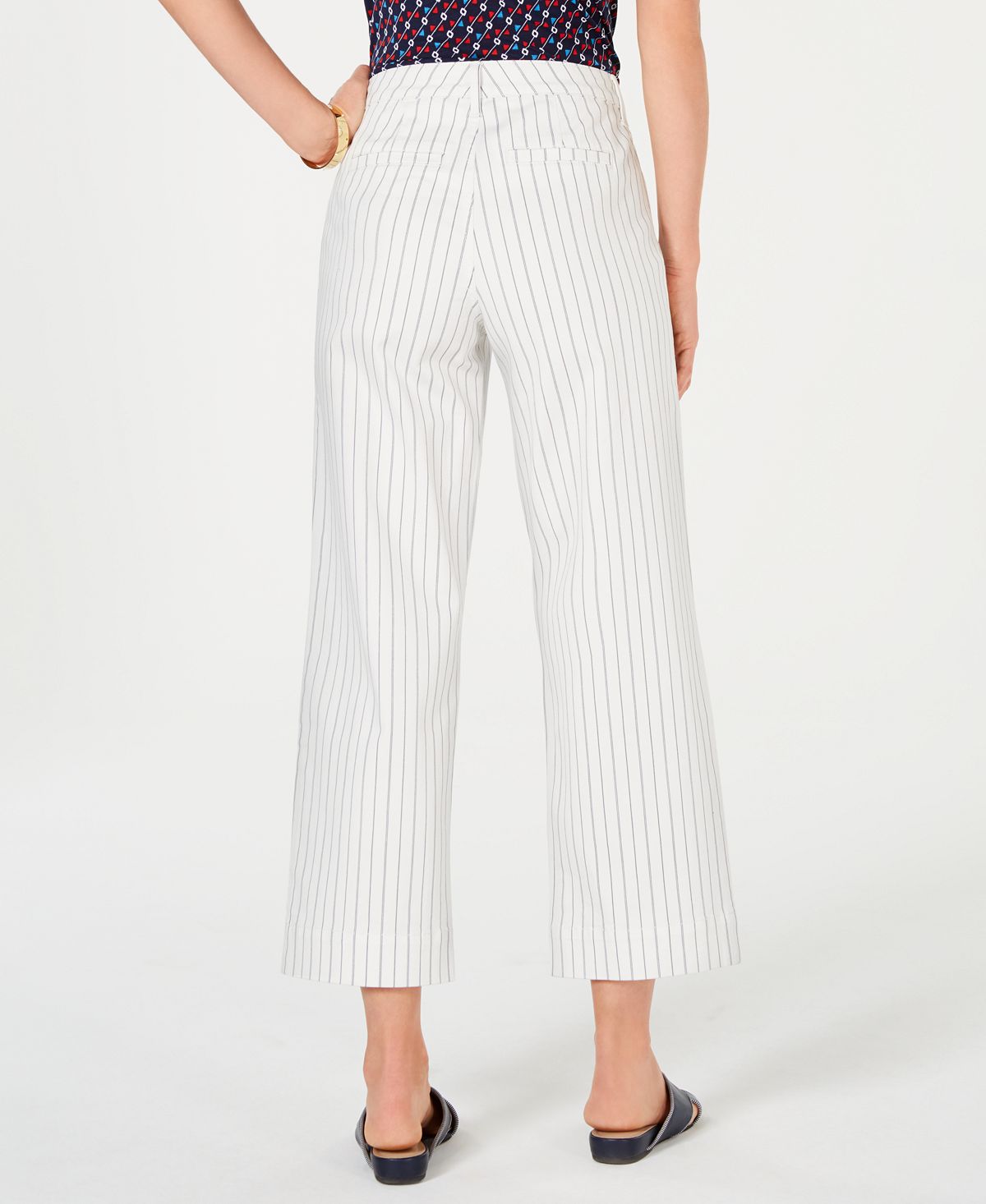 Calça jeans feminina listrada com controle de barriga, perna larga, branca, tamanho 16