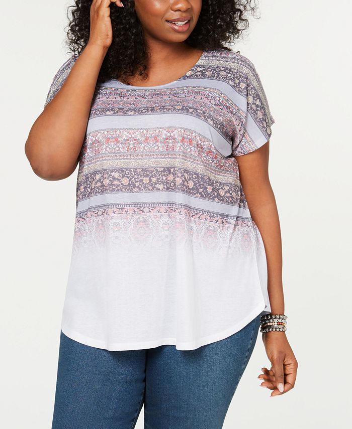 Blusa feminina estilo &amp; Co. com estampa degradê e decote em V, branca, tamanho 0X