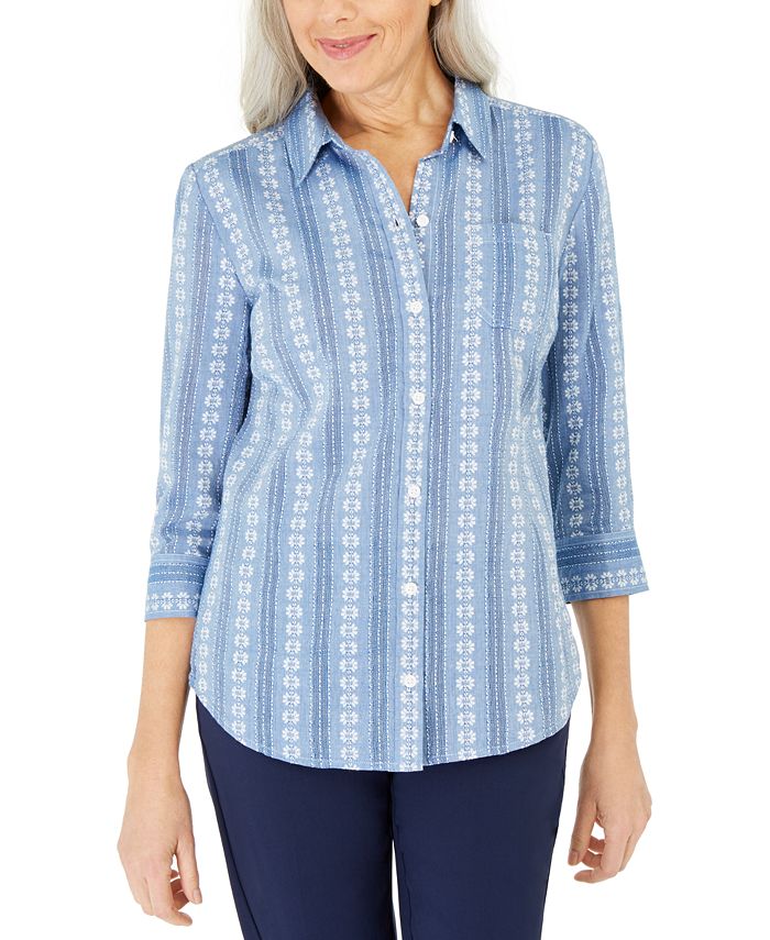 Camisa feminina estampada de algodão Karen Scott, azul, tamanho pequeno
