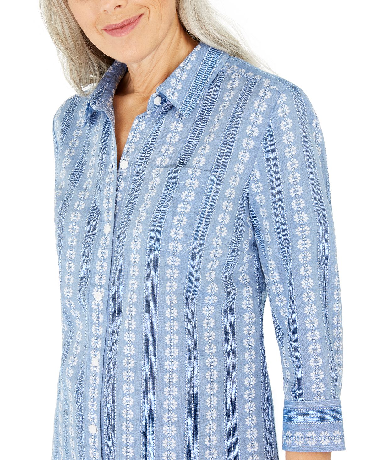 Camisa feminina estampada de algodão Karen Scott, azul, tamanho pequeno