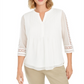 Charter Club Top Feminino com Manga Transparente e Pintuck, Branco, Tamanho Pequeno Médio