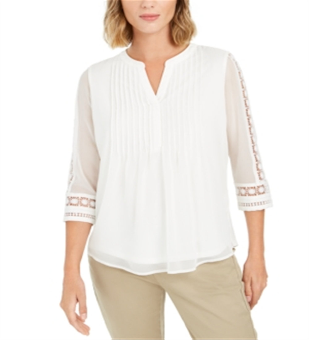 Charter Club Top Feminino com Manga Transparente e Pintuck, Branco, Tamanho Pequeno Médio
