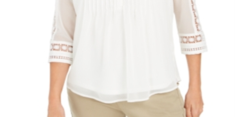 Charter Club Top Feminino com Manga Transparente e Pintuck, Branco, Tamanho Pequeno Médio