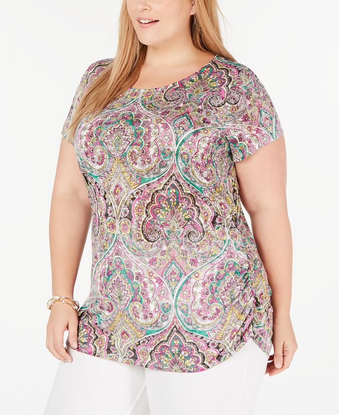 INC International Concepts Feminino Estampado Franzido Lateral Opulento Paisley Rosa Tamanho 1X