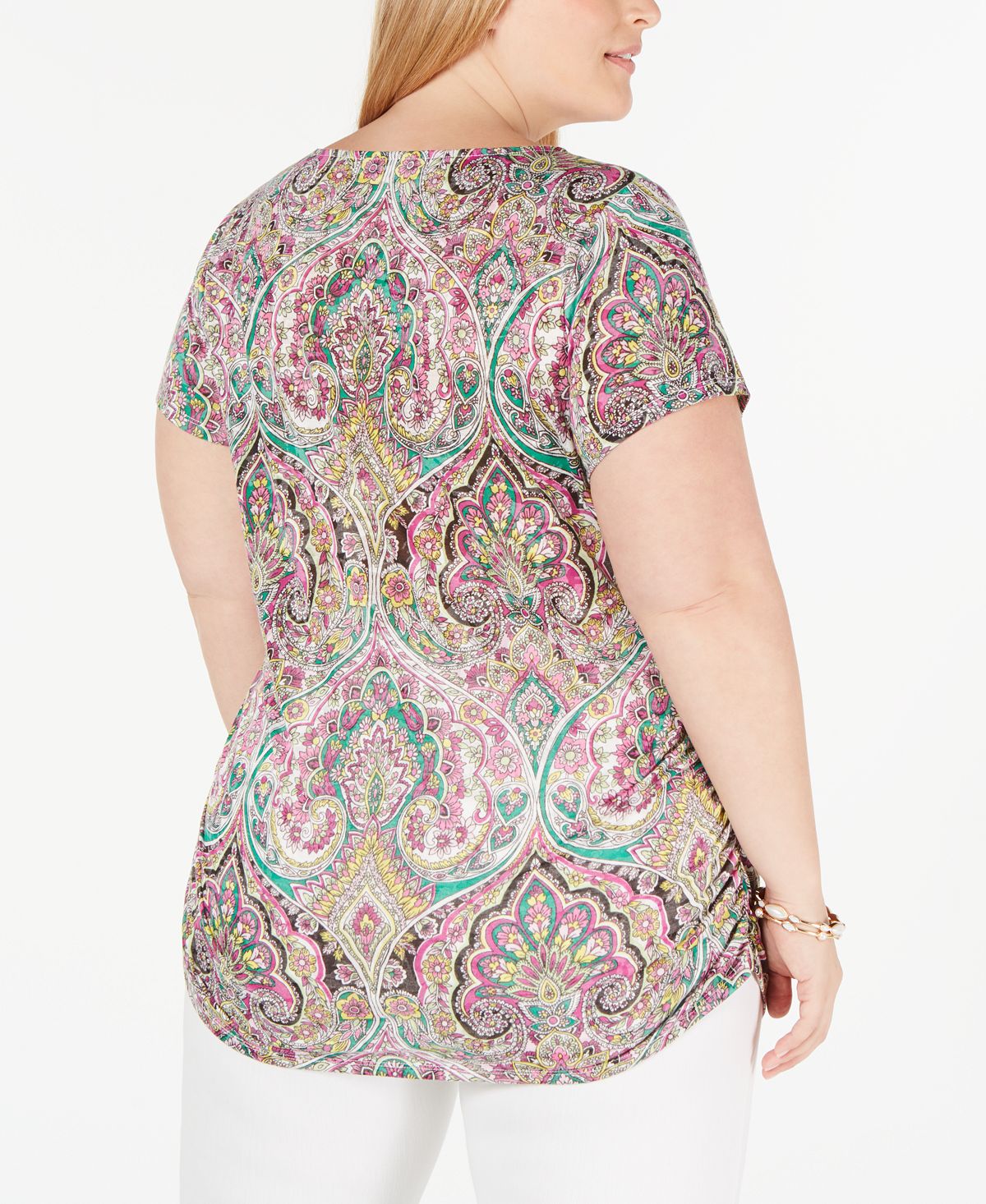 INC International Concepts Feminino Estampado Franzido Lateral Opulento Paisley Rosa Tamanho 1X