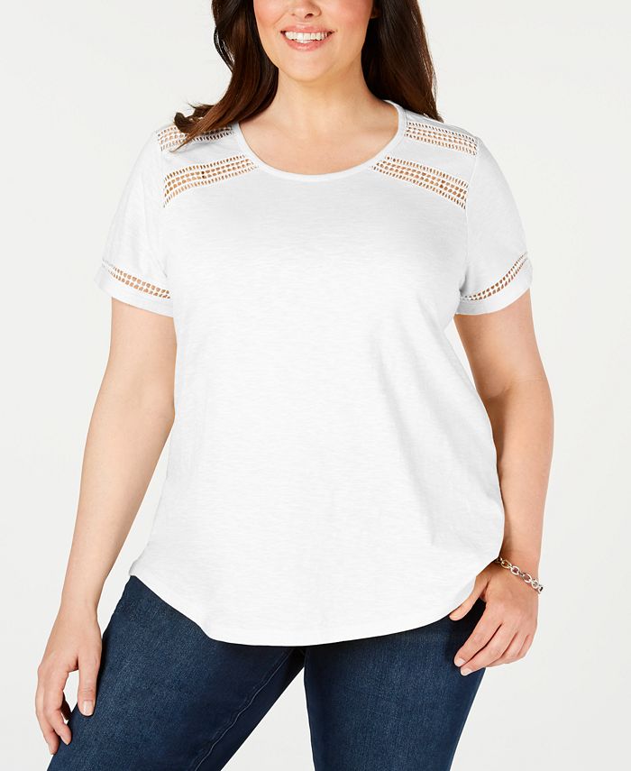 Camiseta feminina de algodão com acabamento em crochê Charter Club, branca, tamanho 1X