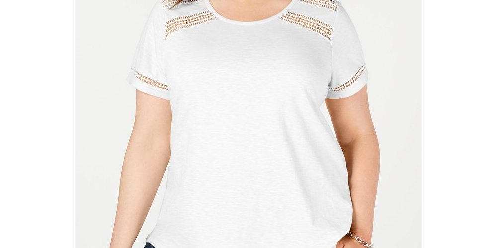 Camiseta feminina de algodão com acabamento em crochê Charter Club, branca, tamanho 1X
