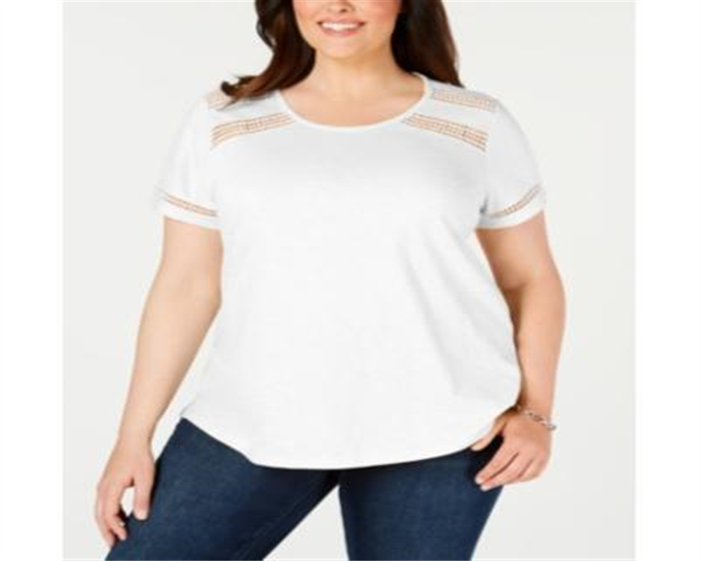 Camiseta feminina de algodão com acabamento em crochê Charter Club, branca, tamanho 1X