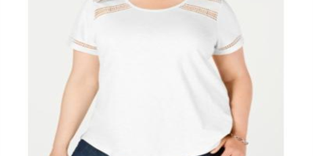 Camiseta feminina de algodão com acabamento em crochê Charter Club, branca, tamanho 1X