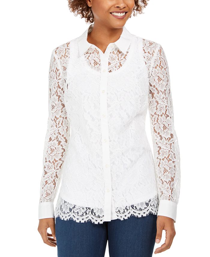 Camisa feminina de renda com botões Charter Club, branca, tamanho pequeno GG
