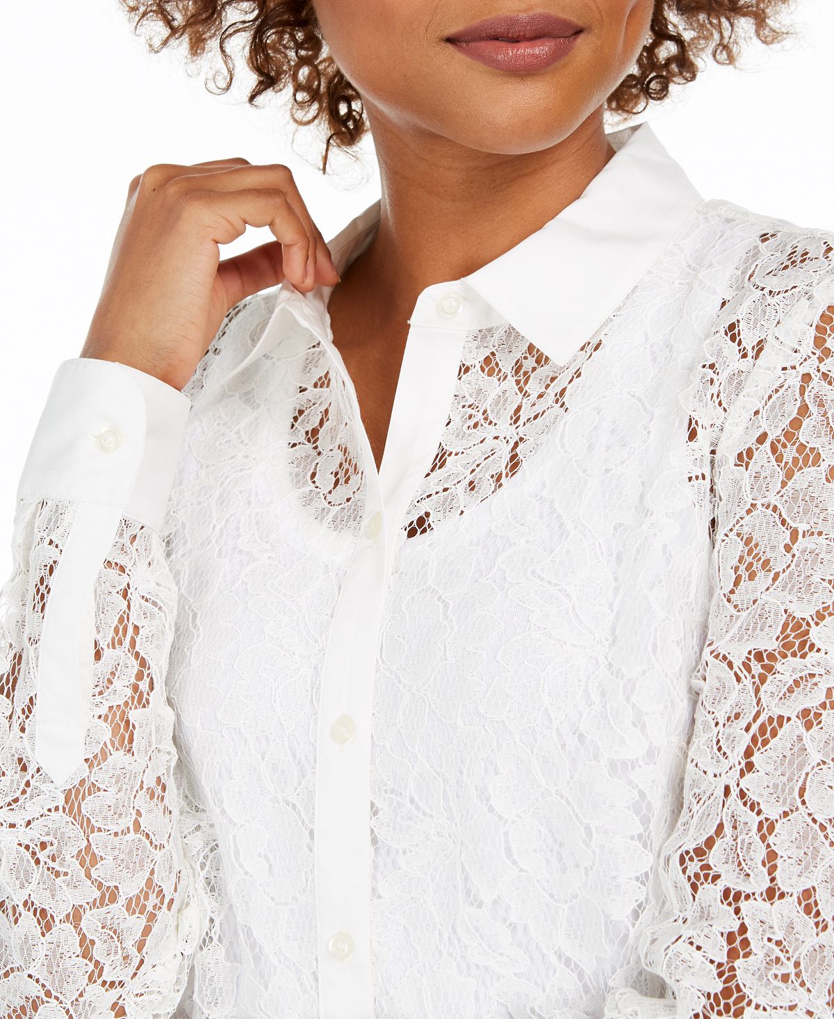 Camisa feminina de renda com botões Charter Club, branca, tamanho pequeno GG