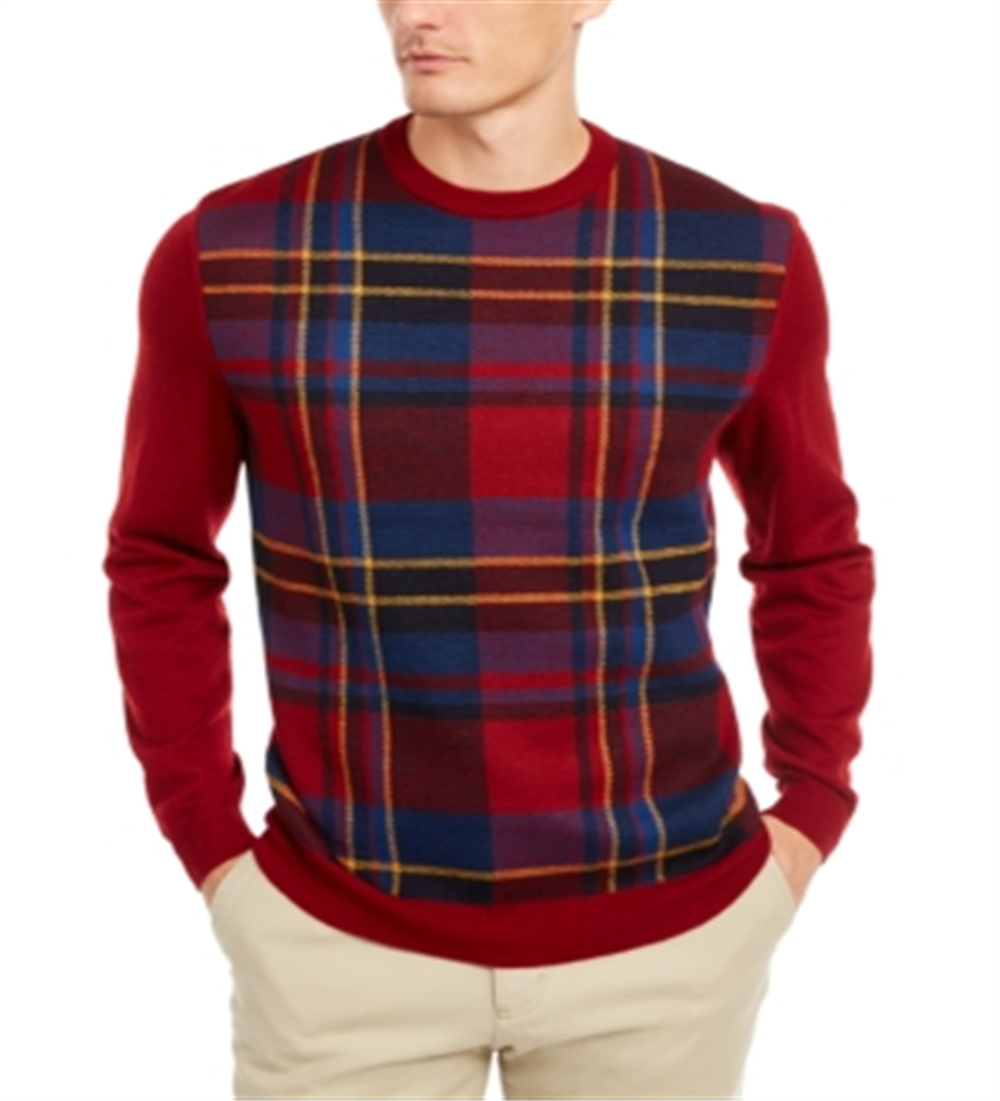 Suéter masculino Club Room com painel xadrez e mistura de lã merino, vermelho, tamanho grande