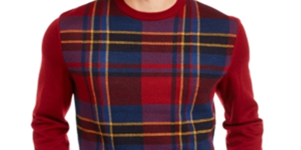 Suéter masculino Club Room com painel xadrez e mistura de lã merino, vermelho, tamanho grande