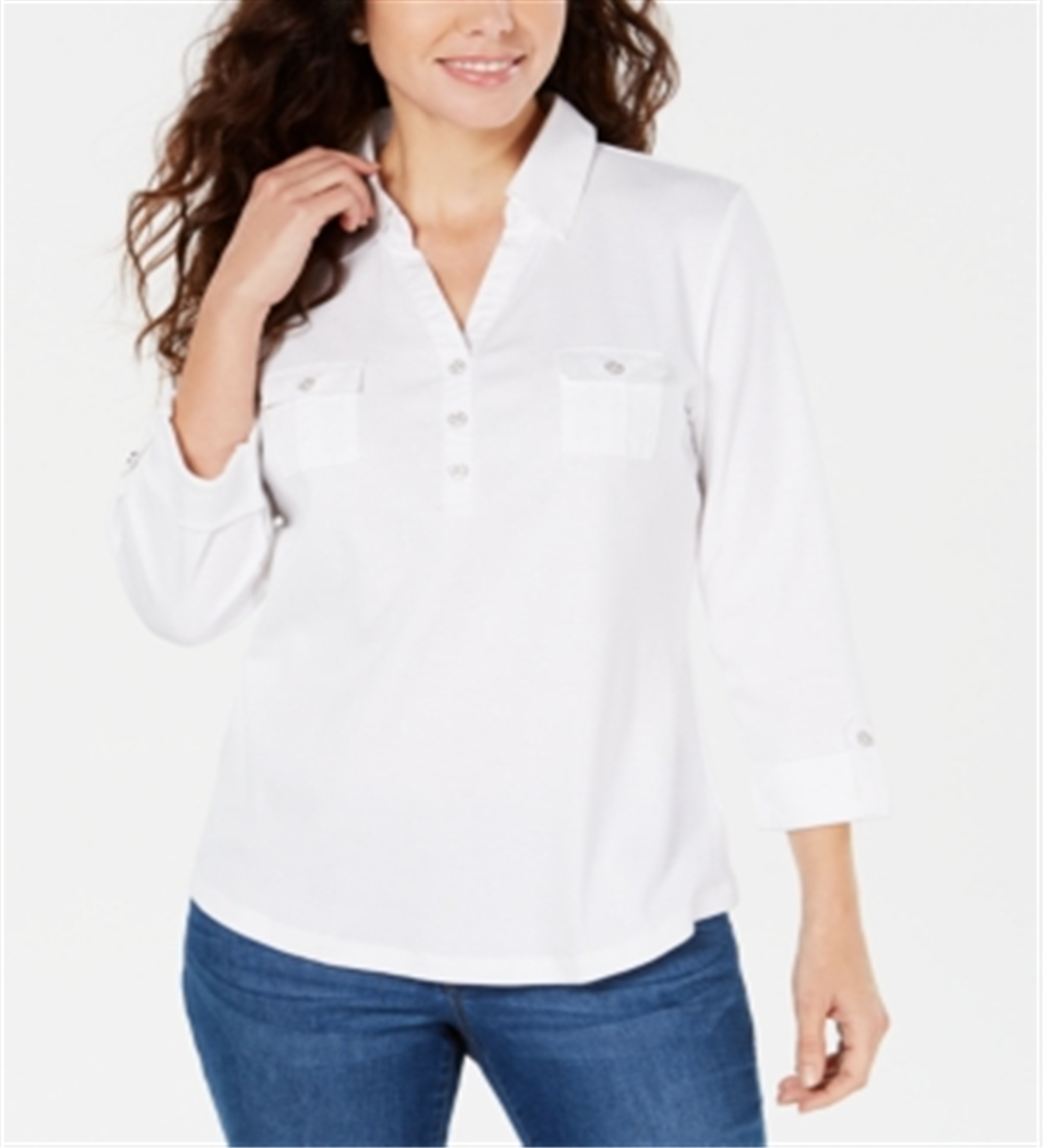 Blusa feminina Karen Scott com gola alta e estampa de pontos de algodão, branca, tamanho médio