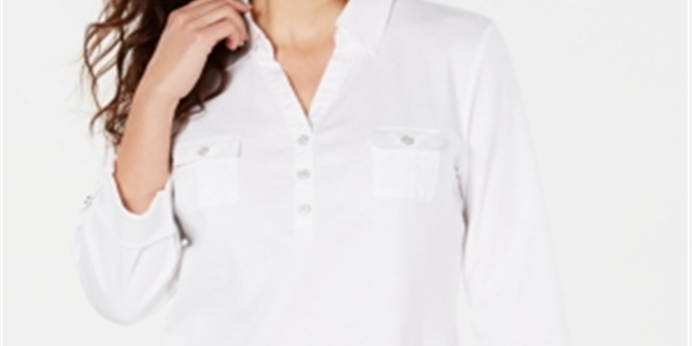 Blusa feminina Karen Scott com gola alta e estampa de pontos de algodão, branca, tamanho médio