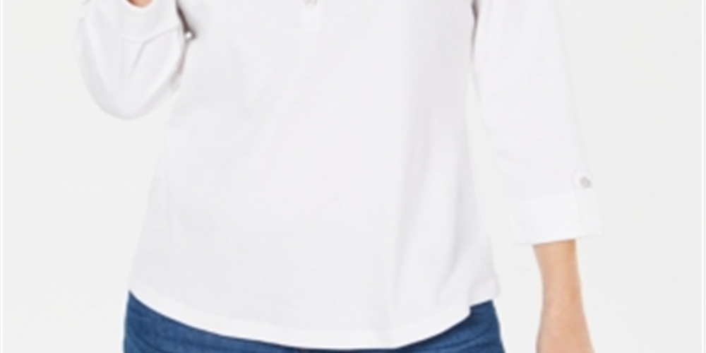 Blusa feminina Karen Scott com gola alta e estampa de pontos de algodão, branca, tamanho médio