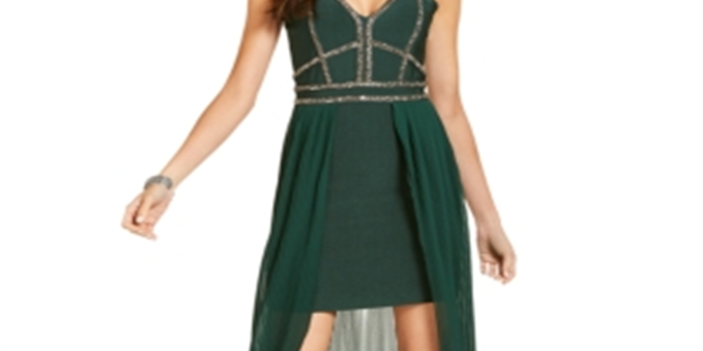 Vestido formal curto Marciano feminino verde com decote em V, sem mangas e com decote alto e baixo, tamanho XS