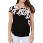 Camiseta feminina Alfani estampada com bainha redonda, preta, tamanho pequeno pequeno