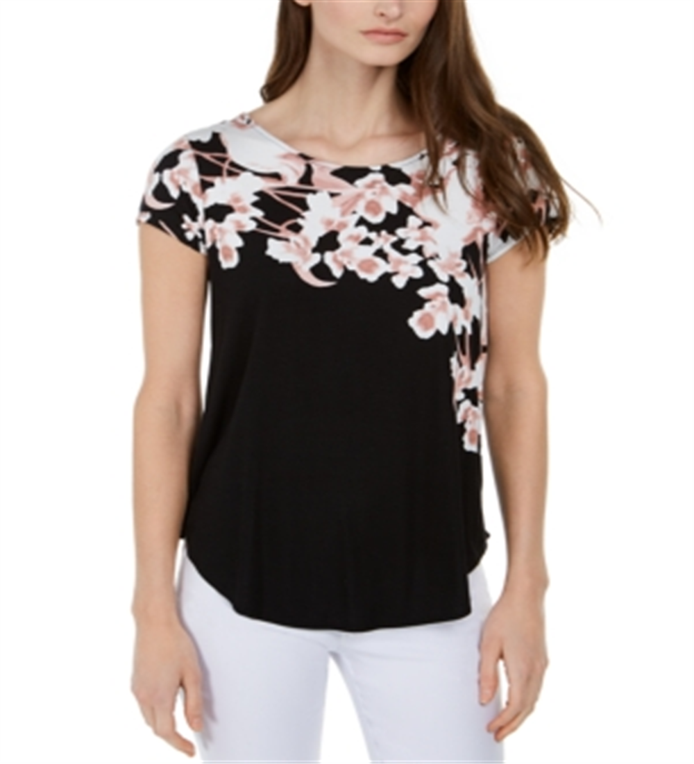 Camiseta feminina Alfani estampada com bainha redonda, preta, tamanho pequeno pequeno